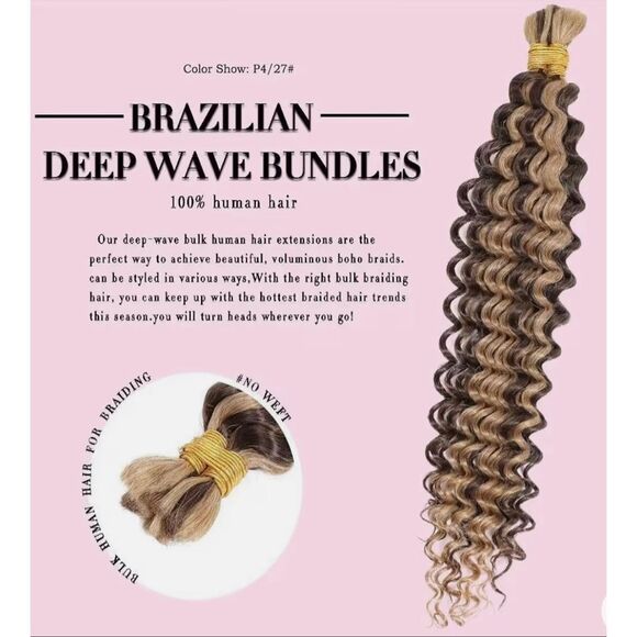 Highlight Deep Wave Bulk Human Hair for Braiding 24” 100% Unprocessed Brazilian - Picture 3 of 10
